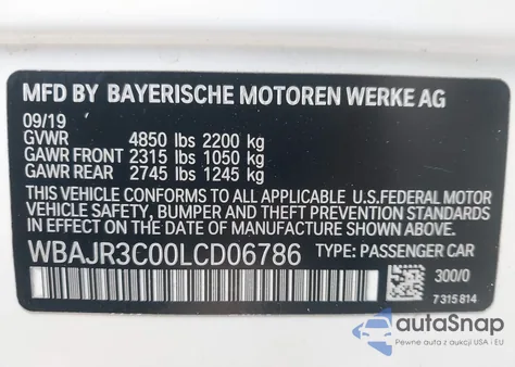 2020 BMW 530I z USA, uszkodzony, nr VIN WBAJR3C00LCD06786